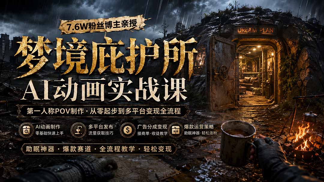 梦境庇护所AI动画实战课:7.6W粉丝博主亲授第一人称POV制作,从零起步到多平台发布变现全流程-清风网创