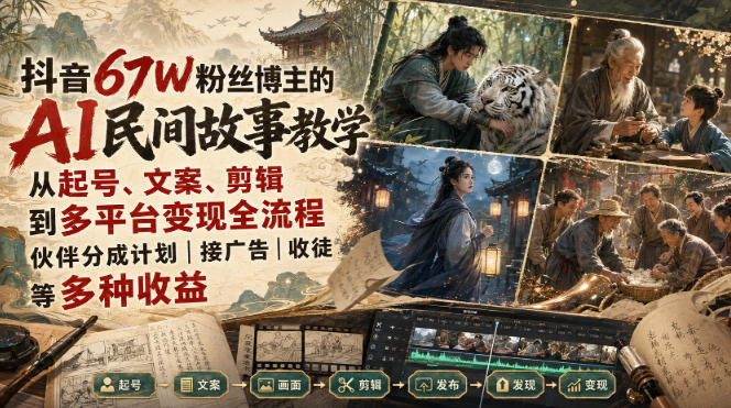 抖音67W粉丝博主的AI民间故事教学，从起号、文案、剪辑到多平台变现全流程，伙伴分成计划接广告等多种收益，月入1W+-清风网创