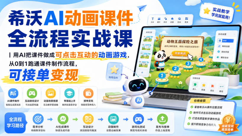 希沃AI动画课件全流程实战课｜用AI把课件做成可点击互动的动画游戏，从0到1跑通课件制作流程，可接单变现-清风网创