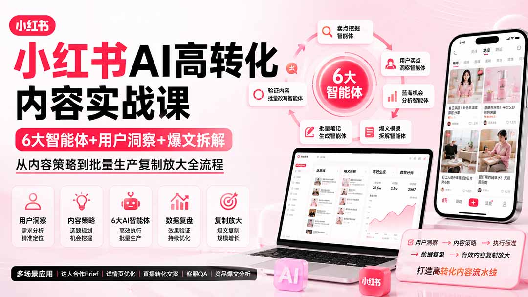 小红书AI高转化内容实战课：6大智能体+用户洞察+爆文拆解，从内容策略到批量生产复制放大全流程-清风网创