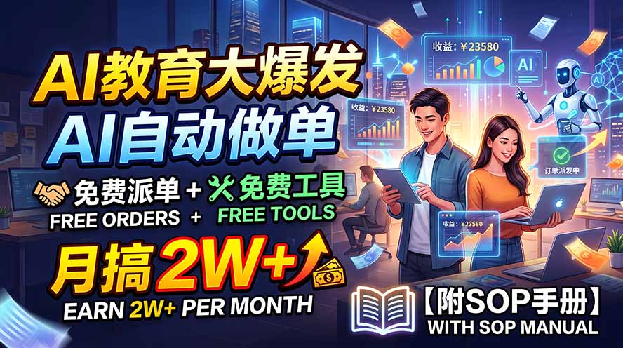 AI教育大爆发，AI自动做单，免费派单+免费工具，月搞2W+【附SOP手册】-清风网创