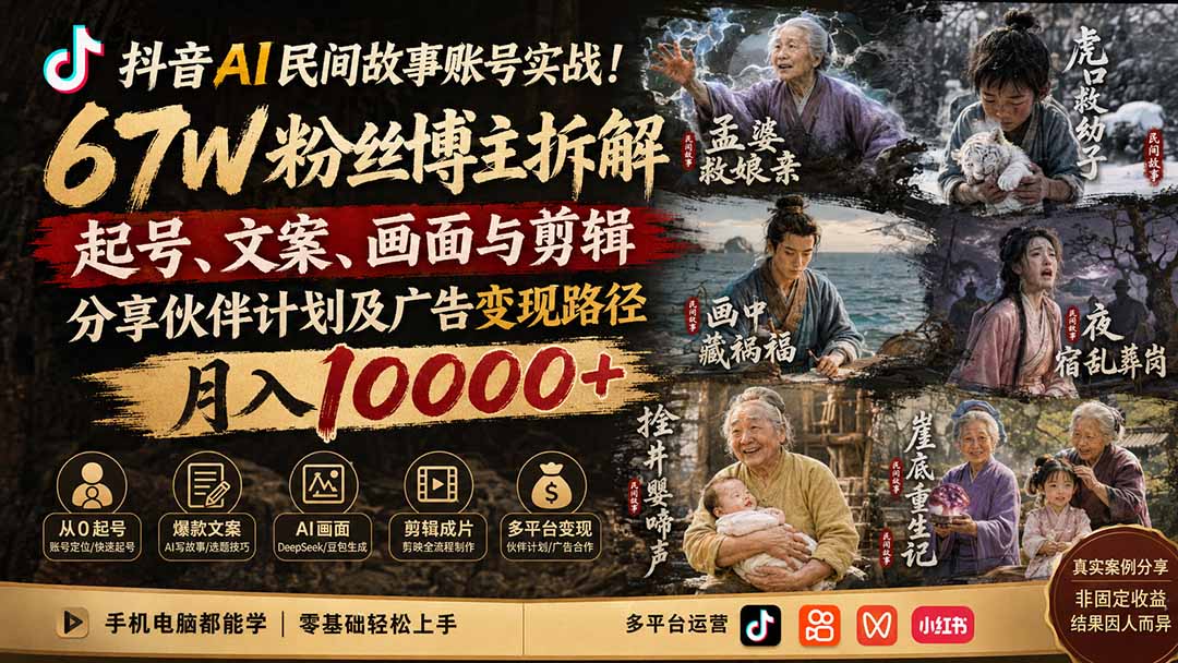 抖音AI民间故事账号实战！67W粉丝博主拆解起号、文案、画面与剪辑，分享伙伴计划及广告变现路径，月入10000+-清风网创