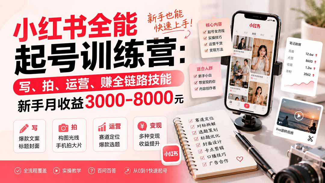 小红书全能起号训练营-更新：写、拍、运营、赚全链路技能，新手月收益3000-8000元-清风网创