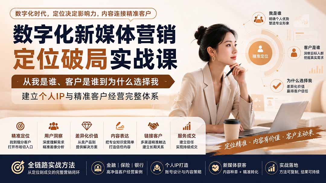 数字化新媒体营销定位破局实战课:从我是谁、客户是谁到为什么选择我,建立个人IP与精准客户经营完整体系-白云资源网