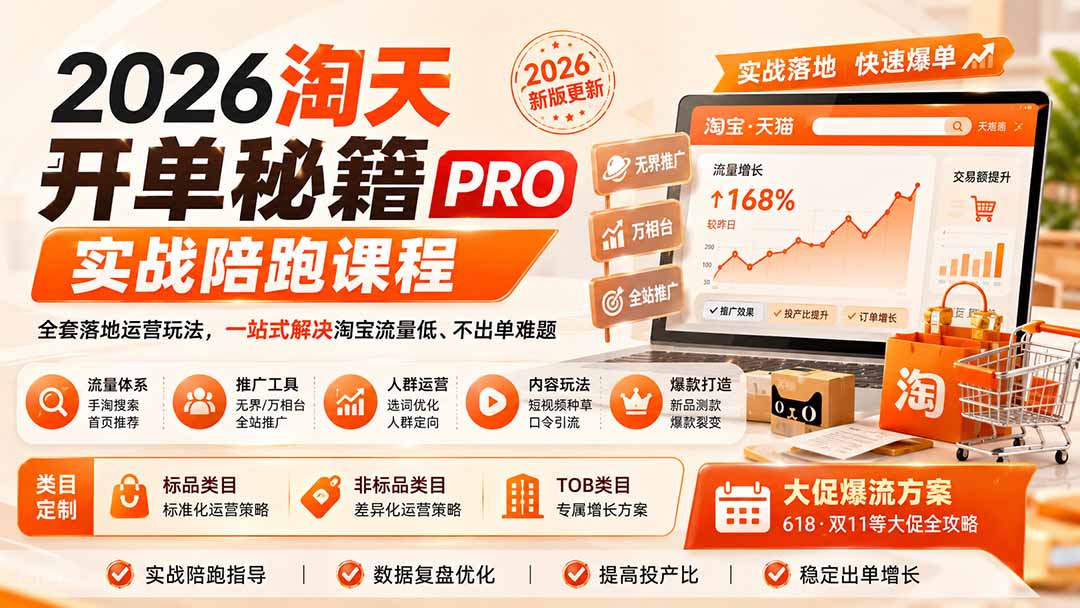 2026淘天开单秘籍PRO实战陪跑课程:全套落地运营玩法,一站式解决淘宝流量低、不出单难题(更新260823-清风网创