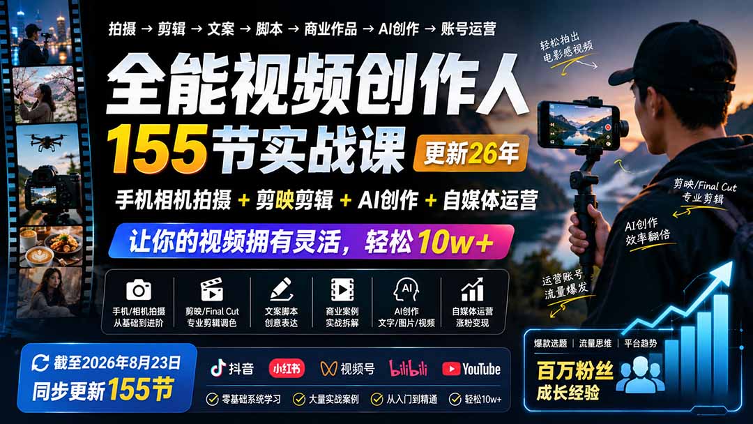 全能视频创作人155节实战课-更新26年8月:手机相机拍摄+剪映剪辑+AI创作+自媒体运营,让你的视频拥有灵活,轻松10w-清风网创