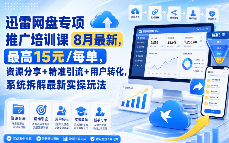 迅雷网盘专项推广培训课8月最新,最高15米/每单,资源分享+精准引流+用户转化,系统拆解最新实操玩法(更新0824)|平民创源网