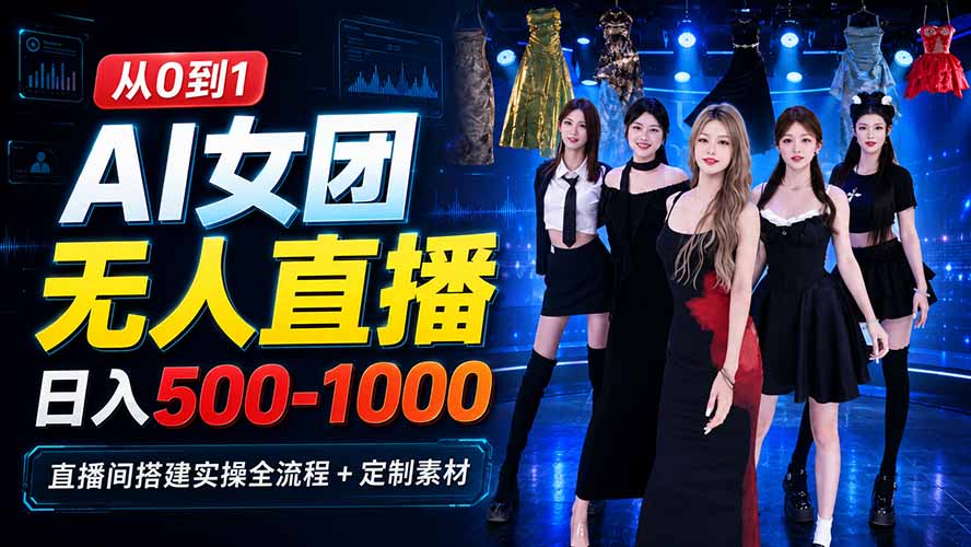 AI 女团无人直播，躺入500-1000每天，直播间搭建实操全流程+定制素材-清风网创