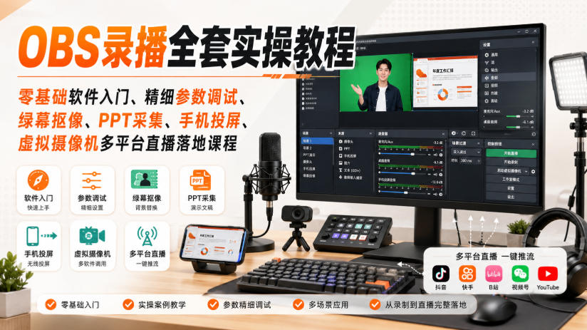 OBS录播全套实操教程|零基础软件入门、精细参数调试、绿幕抠像、手机投屏、虚拟摄像机多平台直播落地课程-优优云网创