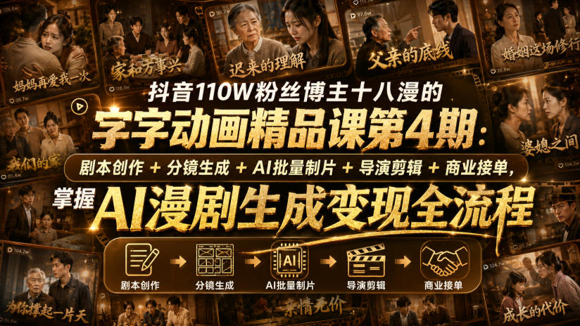 抖音110W粉丝博主十八漫的字字动画精品课第4期:剧本创作+分镜生成+剪辑+商业接单,掌握AI漫剧生成变现全流程-优优云网创