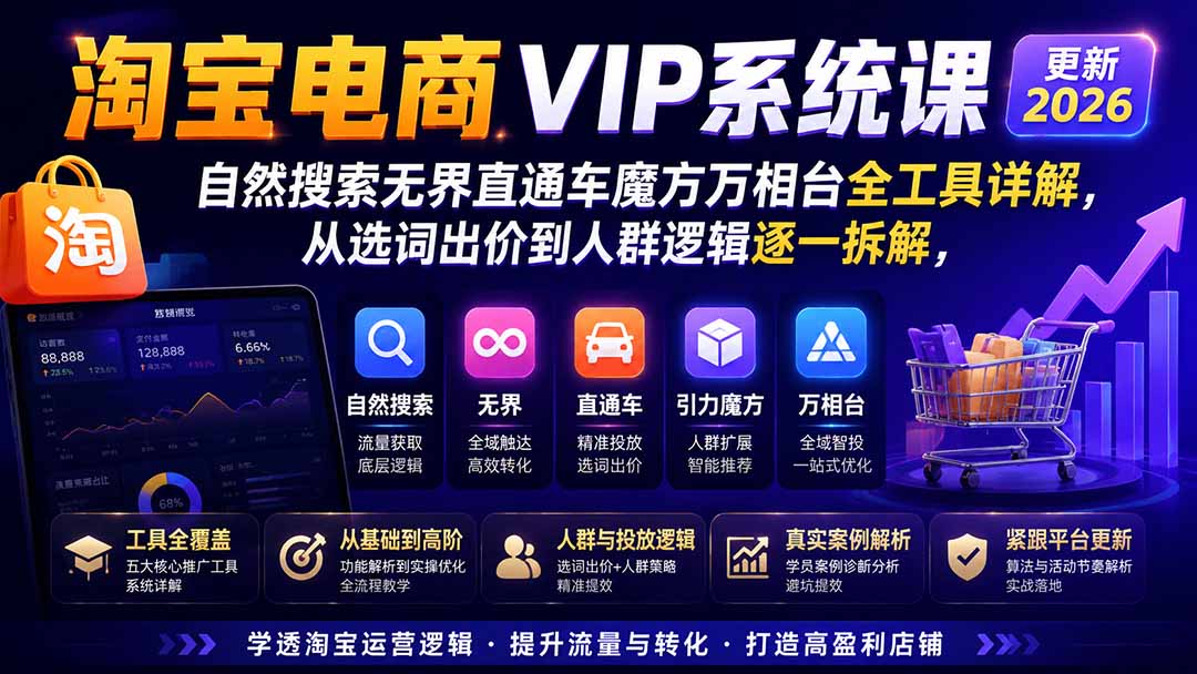 2026淘宝电商终局之战VIP课-更新:自然搜索+直通车+无界+精准人群,系统掌握测款动销与全店推广布局方法-清风网创