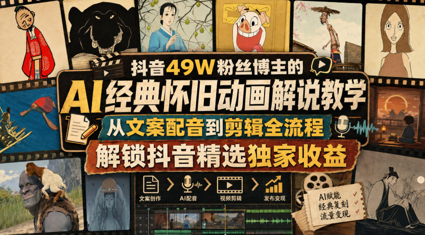 抖音49W粉丝博主的AI经典怀旧动画解说教学,从文案配音到剪辑全流程,解锁抖音精选独家收益-清风网创