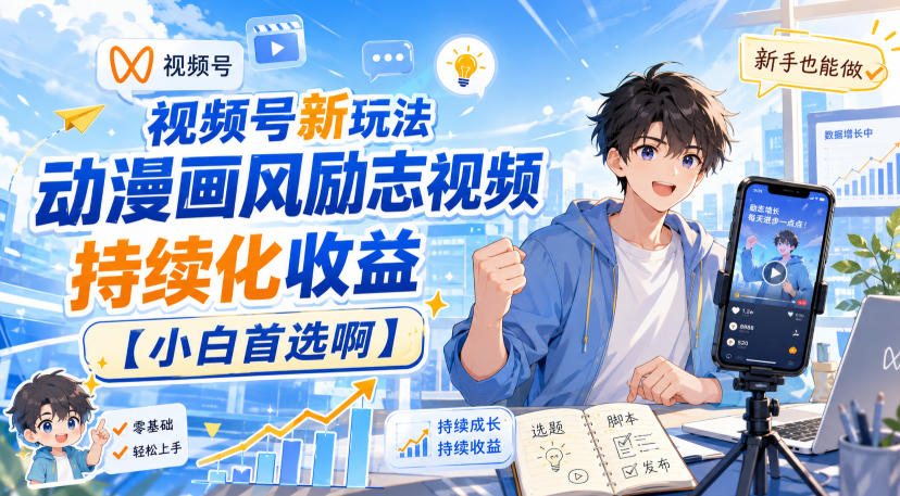 视频号新玩法动漫画风励志视频,持续化收益【小白首选啊】-清风网创