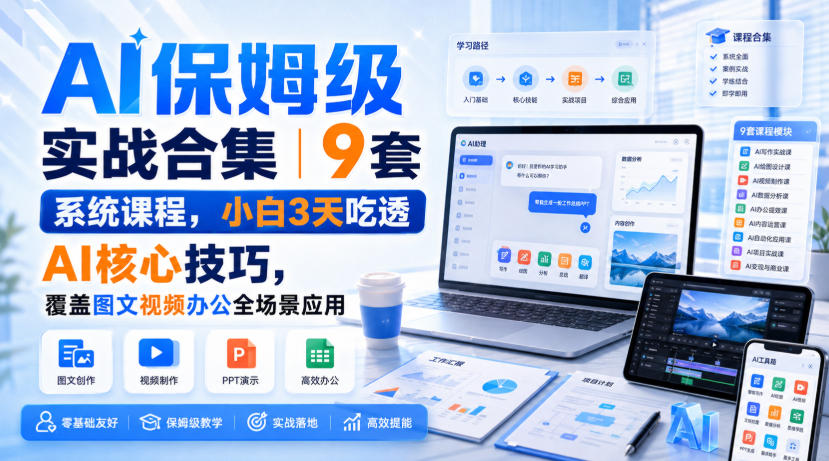 AI保姆级实战合集|9套系统课程,小白3天吃透AI核心技巧,覆盖图文视频办公全场景应用-清风网创