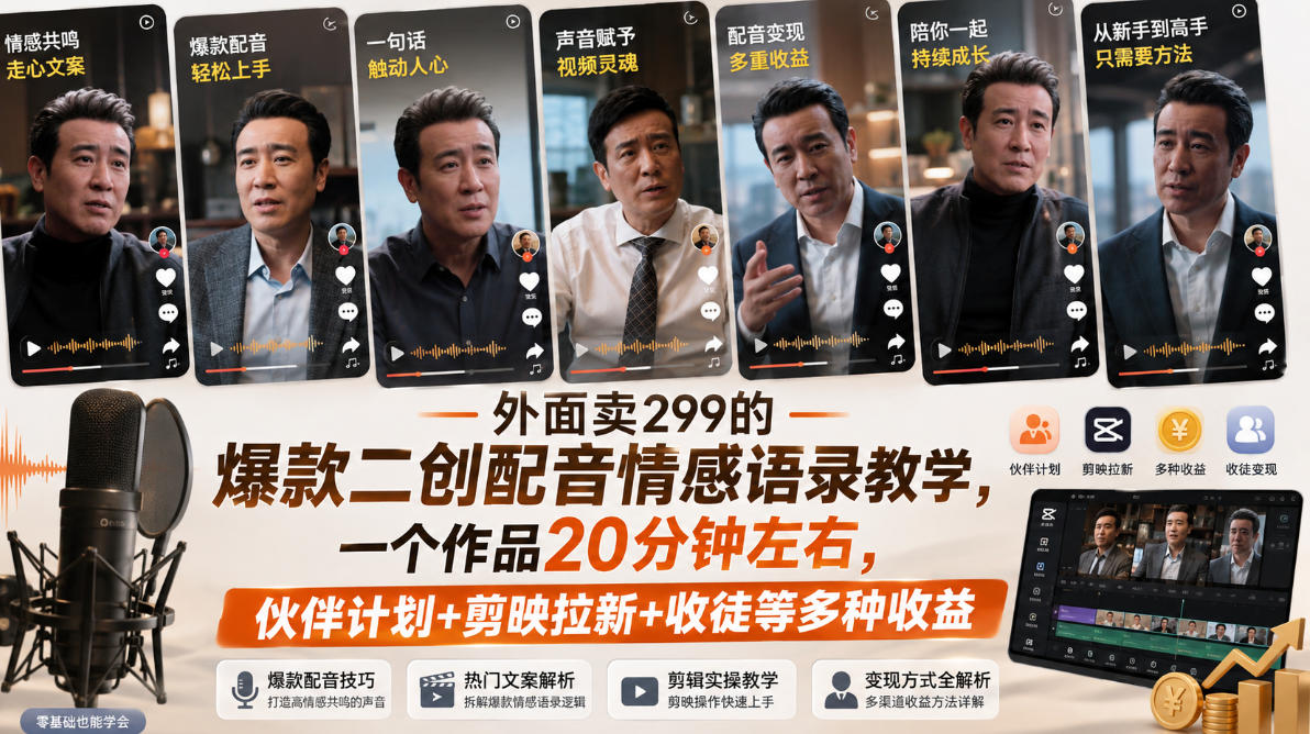 外面卖299的爆款二创配音情感语录教学,一个作品20分钟左右,伙伴计划+剪映拉新+收徒等多种收益-清风网创