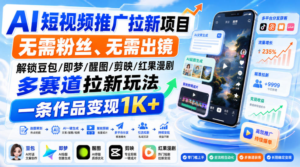 AI短视频推广拉新项目,无需粉丝、无需出镜,解锁豆包/即梦/醒图/剪映/红果漫剧多赛道拉新玩法,一条作品变现1K+-清风网创
