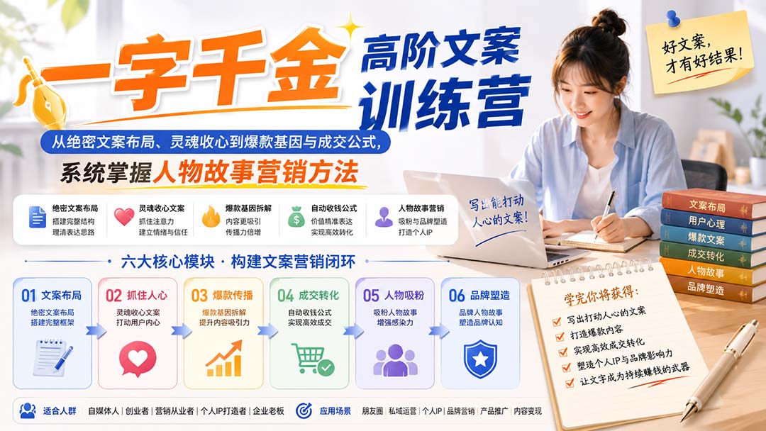 一字千金高阶文案训练营:从绝密文案布局、灵魂收心到爆款基因与成交公式,系统掌握人物故事营销方法-清风网创