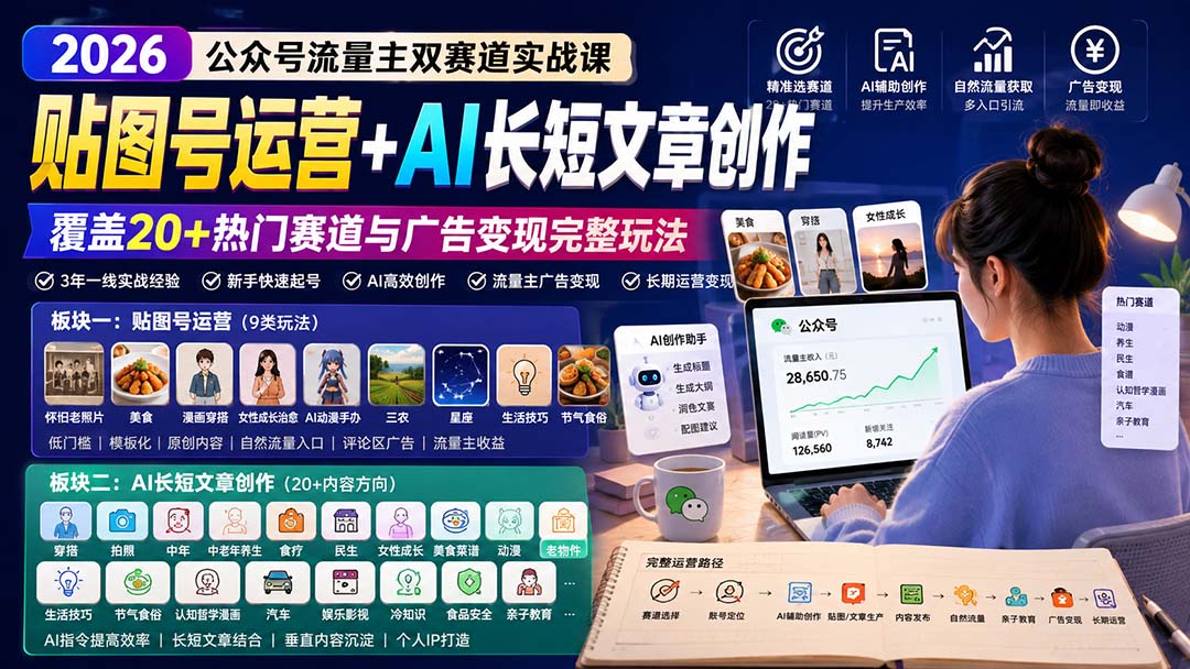 公众号流量主双赛道实战课:贴图号运营+AI长短文章创作,覆盖20+热门赛道与广告变现完整玩法-优拓云网创