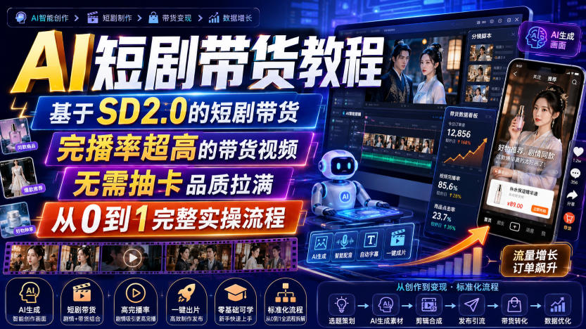 AI短剧带货教程,基于SD2.0的短剧带货,完播率超高的带货视频,无需抽卡品质拉满,从0到1完整实操流程-自由人网创