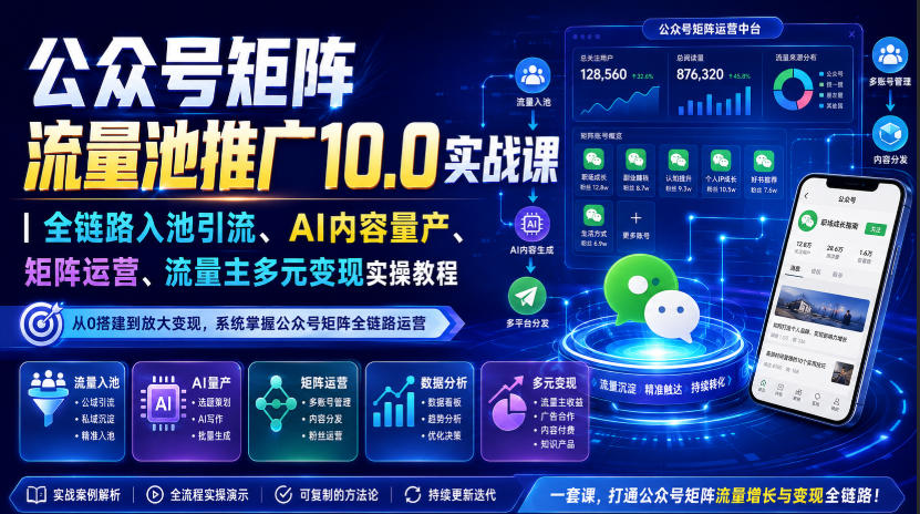 公众号矩阵流量池推广10.0实战课|全链路入池引流、AI内容量产、矩阵运营、流量主多元变现实操教程-自由人网创