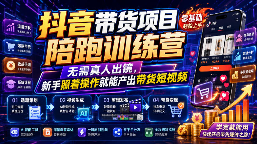 抖音带货项目陪跑训练营,无需真人出镜,新手照着操作就能产出带货短视频(更新0811)-自由人网创