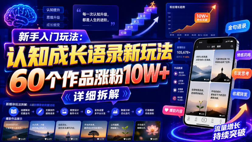 新手入门玩法：认知成长语录新玩法，60个作品涨粉10W+，详细拆解-自由人网创