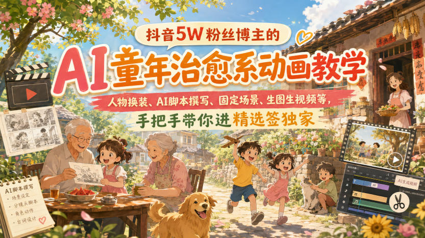 抖音5W粉丝博主的AI童年治愈系动画教学,人物换装、AI脚本撰写、固定场景、生图生视频等,手把手带你进精选签独家-优优云网创