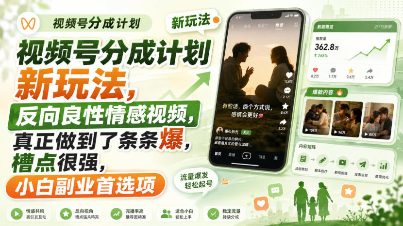 视频号分成计划新玩法,反向良性情感视频,真正做到了条条爆,槽点很强,小白副业首选项-优优云网创