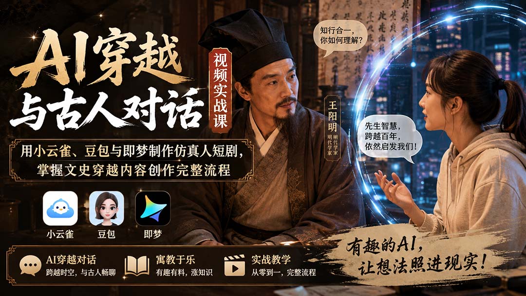 AI穿越与古人对话视频实战课:用小云雀、豆包与即梦制作仿真人短剧,掌握文史穿越内容创作完整流程-优优云网创