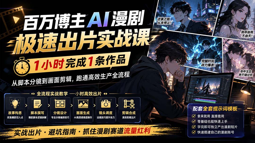 百万博主AI漫剧极速出片实战课:1小时产出条作品,从脚本分镜到画面剪辑,跑通高效生产全流程-优优云网创