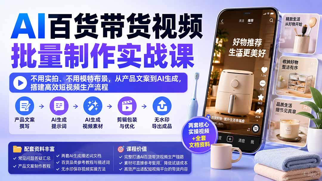 AI百货带货视频批量制作实战课:不用实拍、不用模特布景,从产品文案到AI生成,搭建高效短视频生产流程-优优云网创