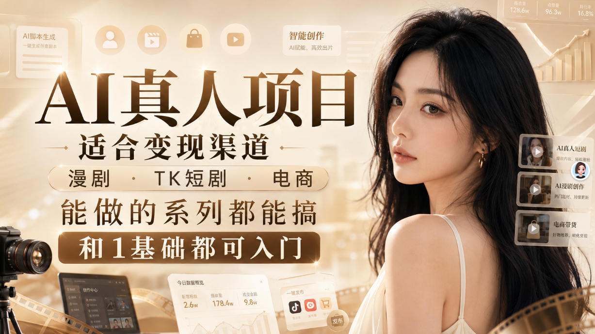 AI真人项目,适合变现渠道,漫剧,TK短剧,电商,能做的系列都能搞,0和1基础都可入门-优优云网创