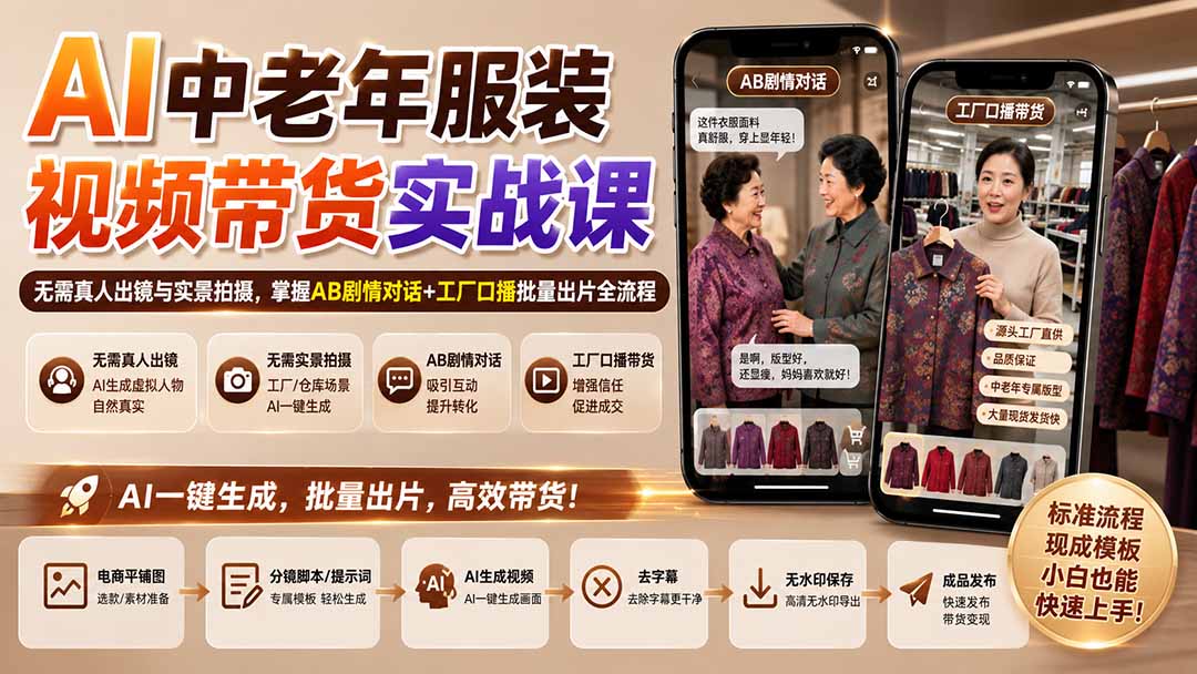AI中老年服装视频带货实战课:无需真人出镜与实景拍摄,掌握AB剧情对话+工厂口播批量出片全流程-优优云网创