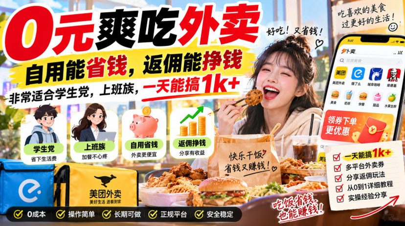 0元爽吃外卖,自用能省钱,返佣能挣钱,非常适合学生党,上班族,一天能搞1k+-优优云网创