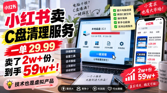 小红书卖C盘清理服务,一单29.99,卖了2w+份,技术也是虚拟产品-优优云网创