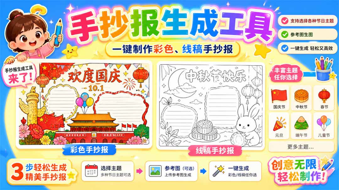 手抄报批量生成工具来了,完全免费,告别豆包生图,这个高清无水印-云网创