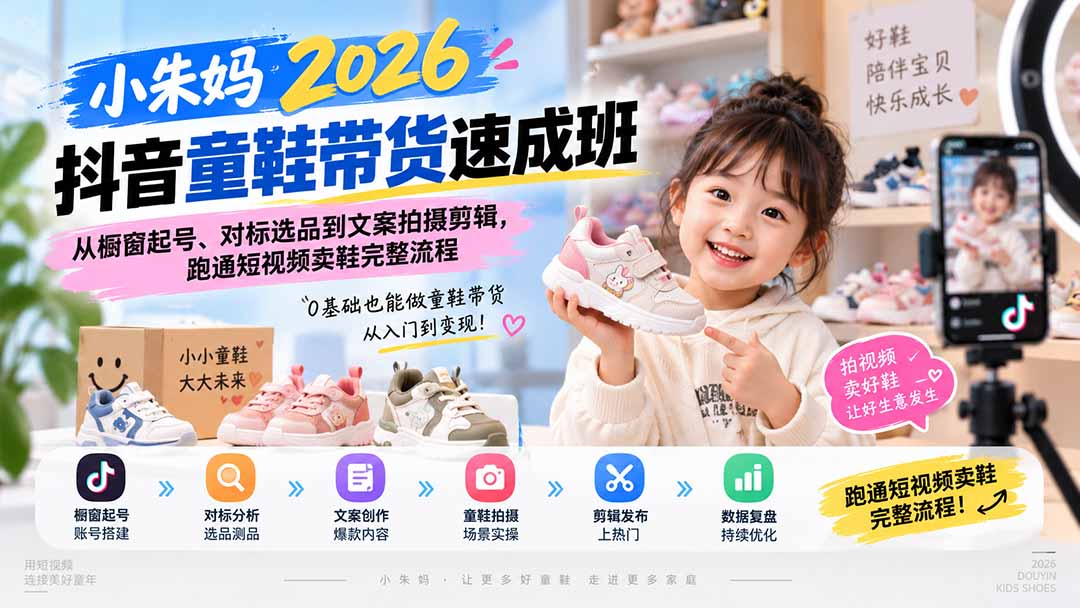 小朱妈2026抖音童鞋带货速成班:从橱窗起号、对标选品到文案拍摄剪辑,跑通短视频卖鞋完整流程-云网创