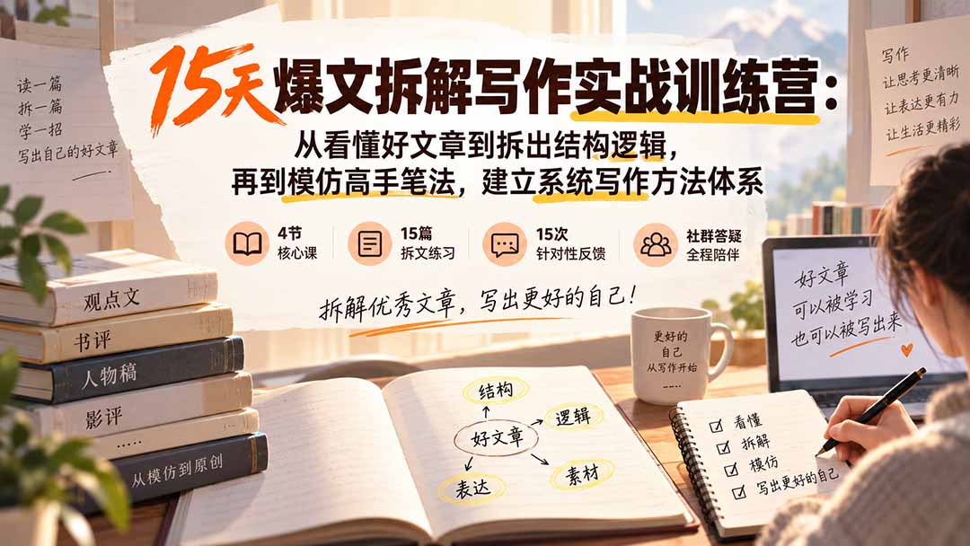 15天爆文拆解写作实战训练营:从看懂好文章到拆出结构逻辑,再到模仿高手笔法,建立系统写作方法体系-云网创