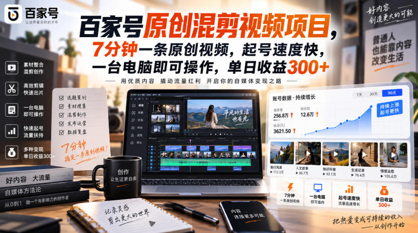 百家号原创混剪视频项目，7分钟一条原创视频，起号速度快，一台电脑即可操作，单日收益300+-清风网创