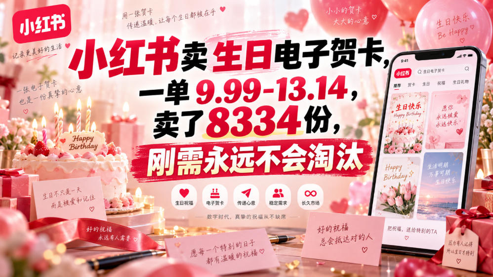 小红书卖生日电子贺卡，一单9.99-13.14，卖了8334份，刚需永远不会淘汰-清风网创
