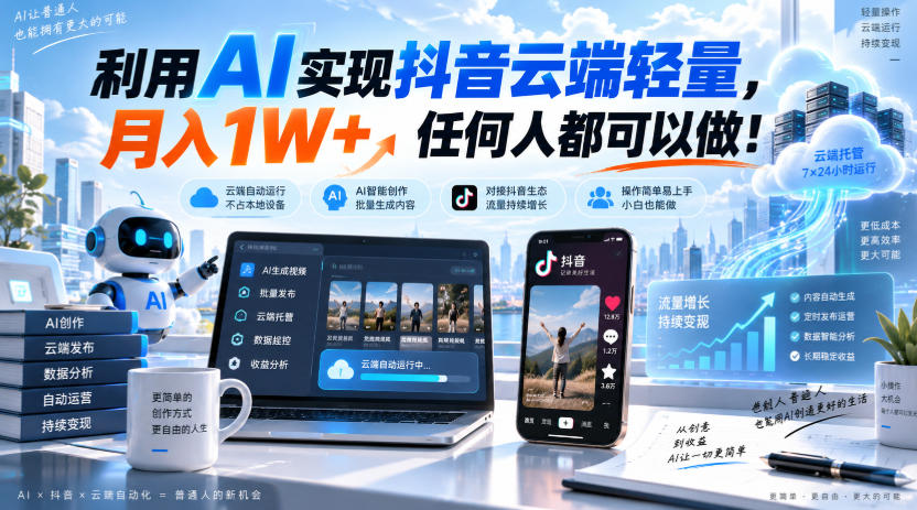 利用AI实现抖音云端轻量，月入1W+，任何人都可以做！【揭秘】-清风网创