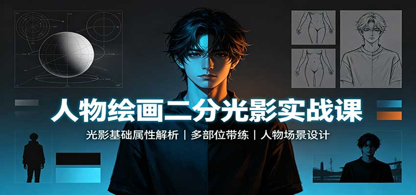 人物绘画二分光影实战课：光影基础属性解析，多部位带练，人物场景设计-清风网创