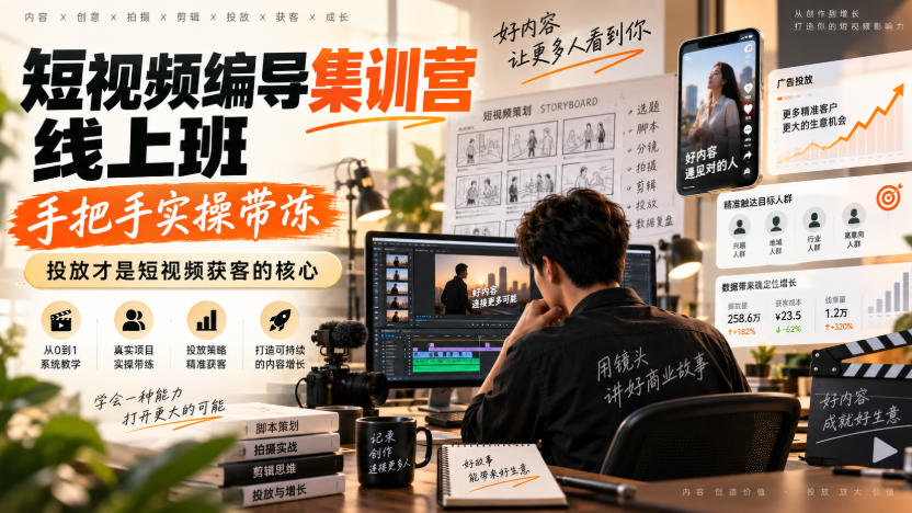 短视频编导集训营线上班,手把手实操带冻,投放才是短视频获客的核心-青禾云网创