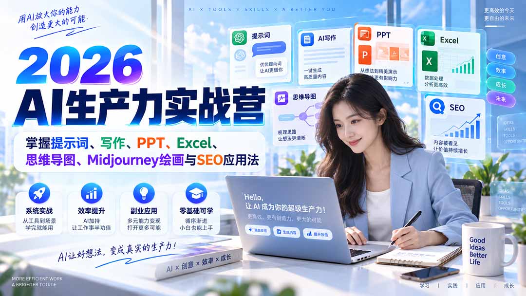 2026AI生产力实战营:掌握提示词、写作、PPT、Excel、思维导图、Midjourney绘画与SEO应用法-趣享资源网