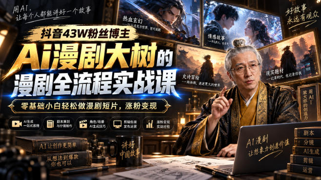 抖音43W粉丝博主Ai漫剧大树的漫剧制作全流程实战课,零基础小白轻松做漫剧短片,涨粉变现-青禾云网创