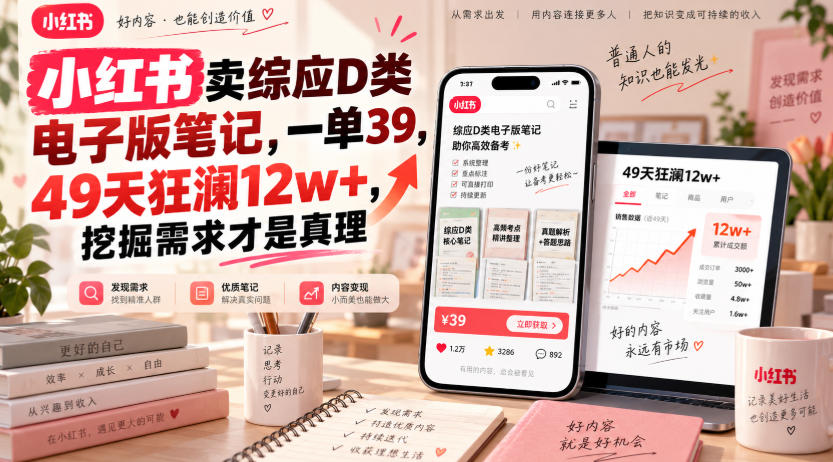 小红书卖综应D类电子版笔记,一单39,49天狂澜12w+,挖掘需求才是真理-青禾云网创