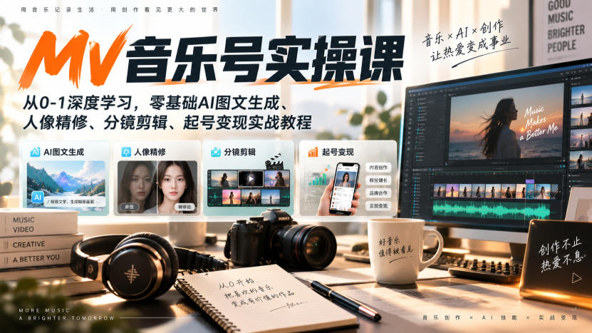 AI MV音乐号实操课,从0-1深度学习,零基础AI图文生成、人像精修、分镜剪辑、起号变现实战教程-清风网创