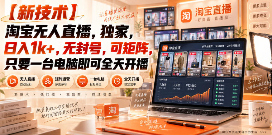 【独家新技术】淘宝无人直播,日入1k+,无封号,可矩阵,只要一台电脑即可全天开播【揭秘】-清风网创