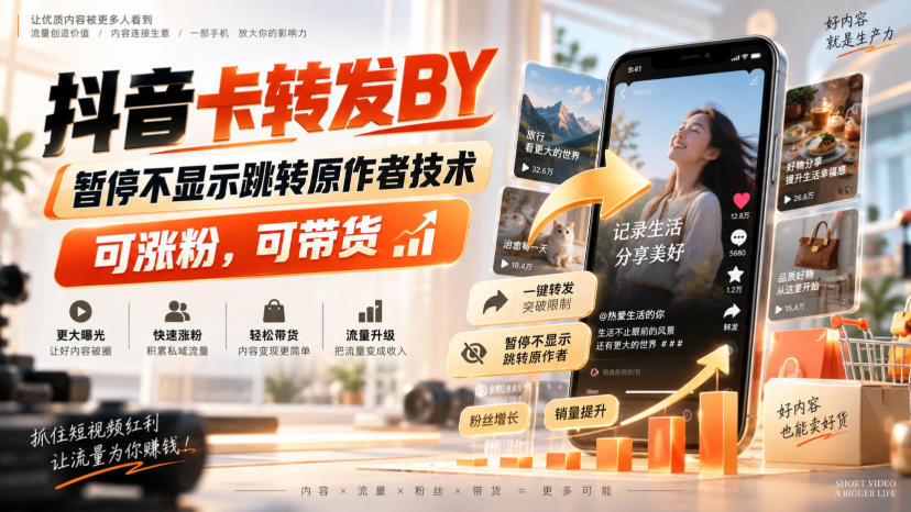 抖音卡转发搬运,暂停不显示跳转原作者技术,可涨粉,可带货-青禾云网创