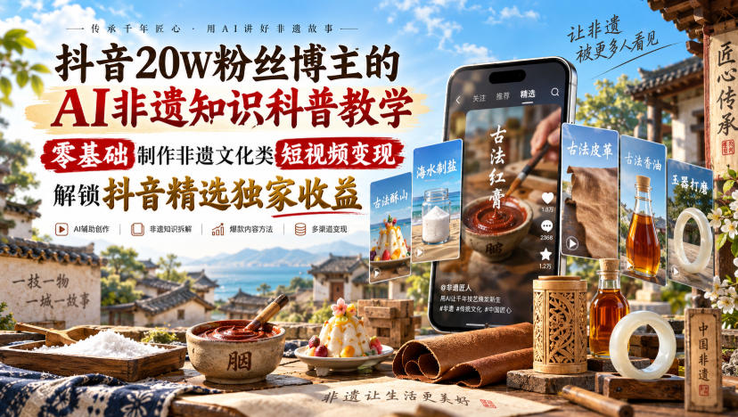 抖音20W粉丝博主的AI非遗知识科普教学,零基础制作非遗文化类短视频变现,解锁抖音精选独家收益-青禾云网创